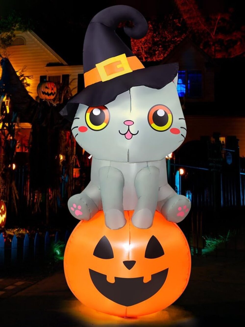 6 FT Halloween Inflatables Cat Outdoor Decorations Blow Up Yard Cute Wizard Cat